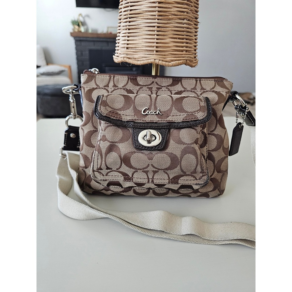 Coach Signature Jacquard Small Crossbody Bag Brown Tan Turnlock Pocket Handbag